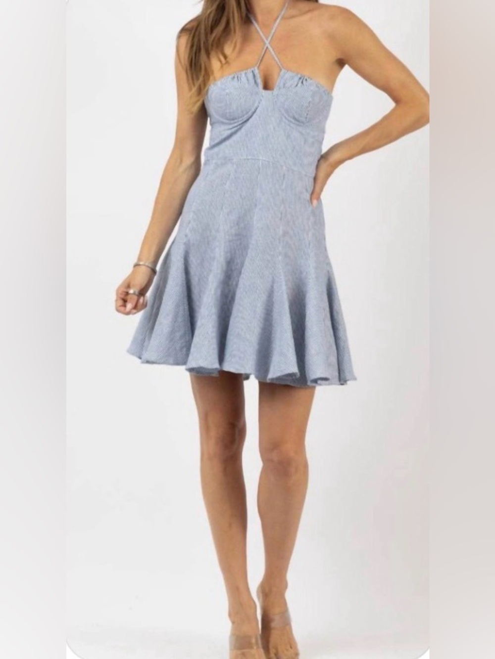 Light Blueand White Pin Striped Strappy Mini- Sundress  (Boutique): Size Medium
